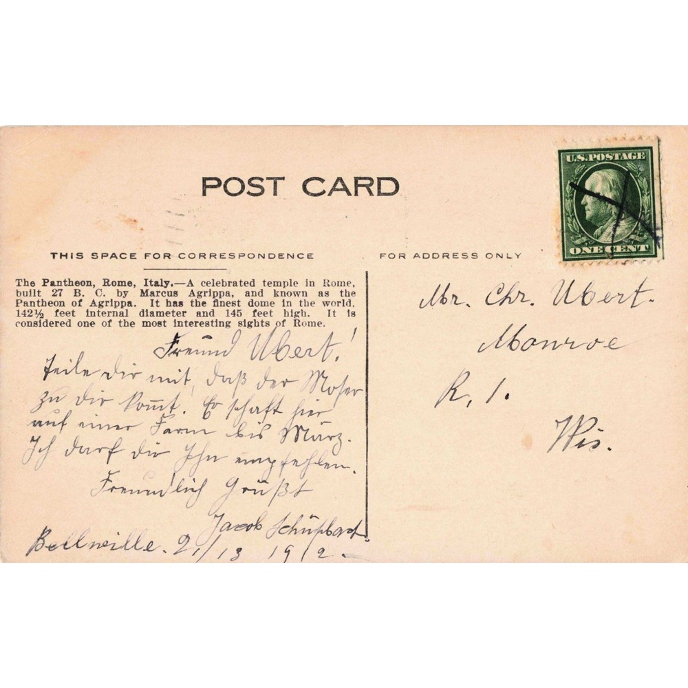Vtg 1912 Postcard Rome Italy Pantheon Divided Back Postmarked 1c Stamp - Picture 2 of 2